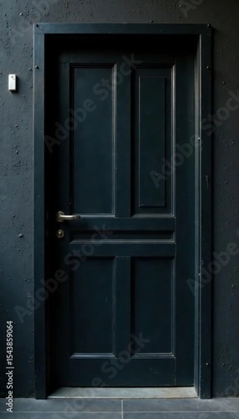 Fototapeta Dark, heavy black metal door, textured surface, apartment setting, texture, security, threshold