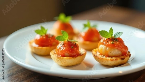 Obraz Elegant array of miniature appetizers on pristine white , appetising, party food, gastronomy
