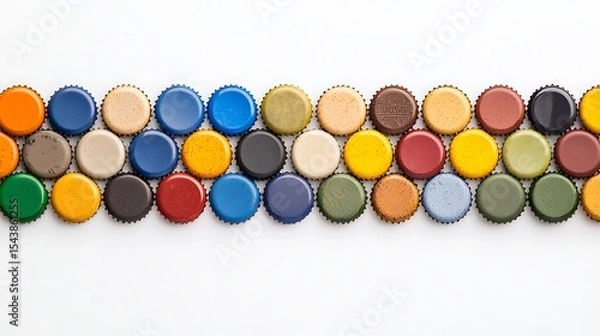 Fototapeta Array of bottle caps of many colors laid on a flat surface