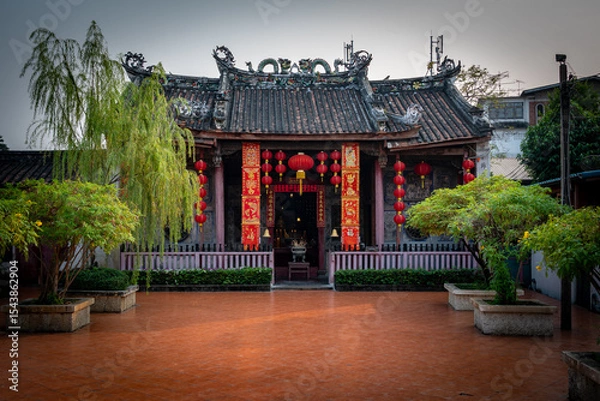 Obraz Traditional Chinese Temple Decorated with Red Lanterns and Banners in Bangkok, Thailand
