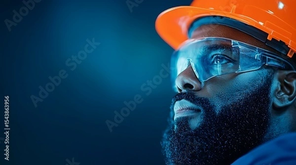 Fototapeta Portrait of a Focused Construction Worker in Safety Gear on Dark Background