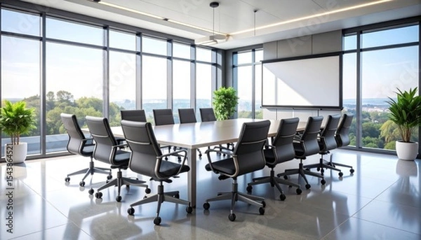 Fototapeta Modern conference room with large table, chairs, and scenic view of greenery outside