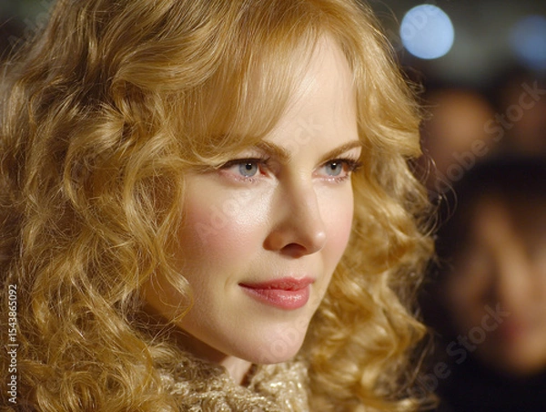 Obraz Close up portrait of a woman with blonde curly hair and blue eyes at a public event with bokeh lights