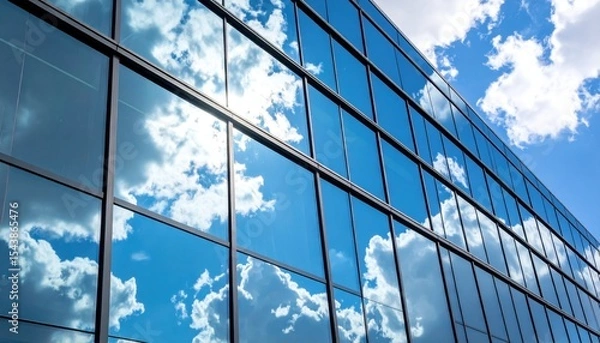 Obraz Modern glass building reflecting fluffy clouds under a bright blue sky with city backdrop