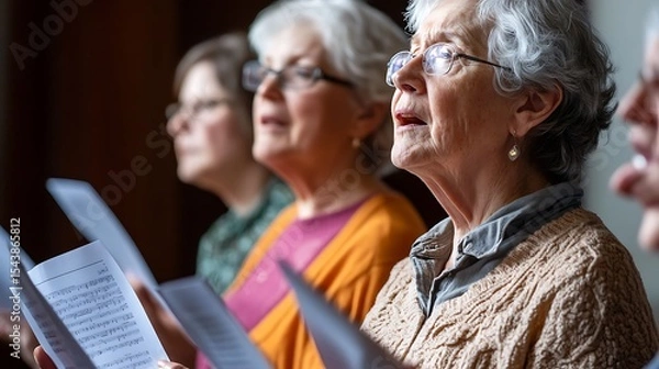 Obraz Caucasian senior women sing in a choir, reading sheet music intently in harmony
