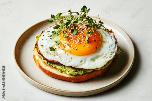 Obraz Freshly prepared sandwich features creamy avocado spread topped with a perfectly fried egg, served on golden toasted bread with sprouts for garnish