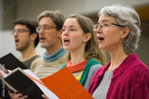 Obraz Diverse quartet of people sings with passion holding sheet music in rehearsal together now