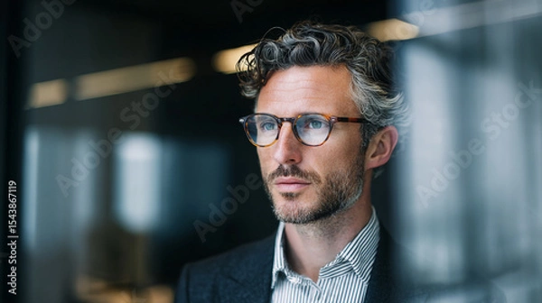 Obraz A man with glasses and a blazer looking to the side with a striped shirt and gray hair indoors