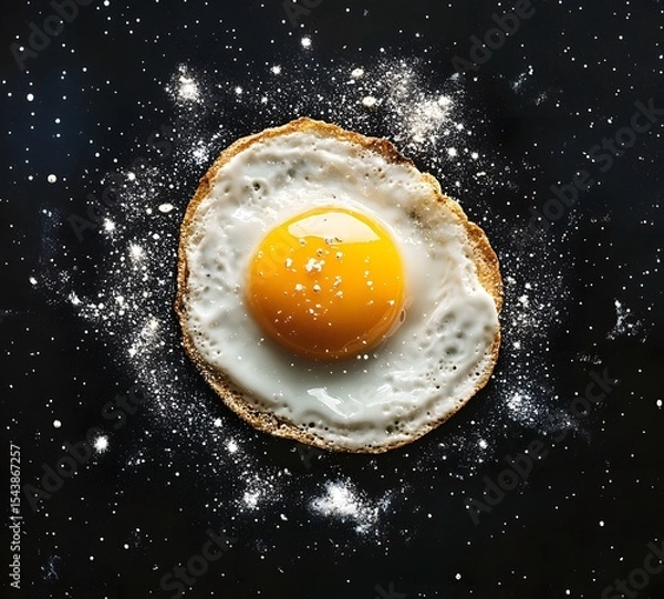 Fototapeta Galactic fried egg, cosmic breakfast concept. The bright yolk contrasts against the cosmic black surface, forming a striking visual metaphor that connects the universe and everyday breakfast.