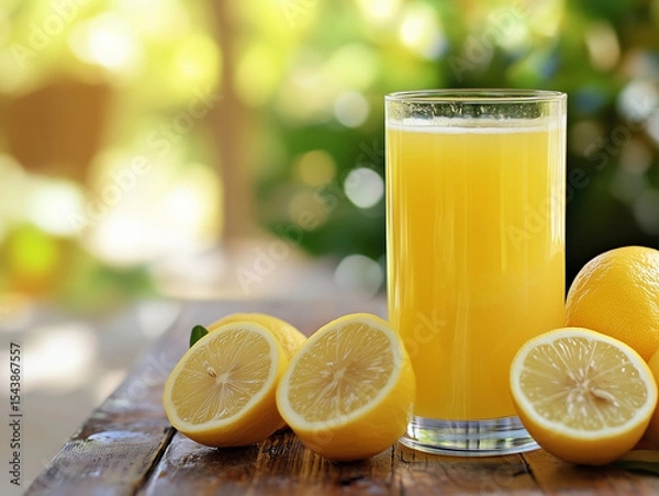 Obraz Fresh Lemon Juice on Wooden Table in Summer Light