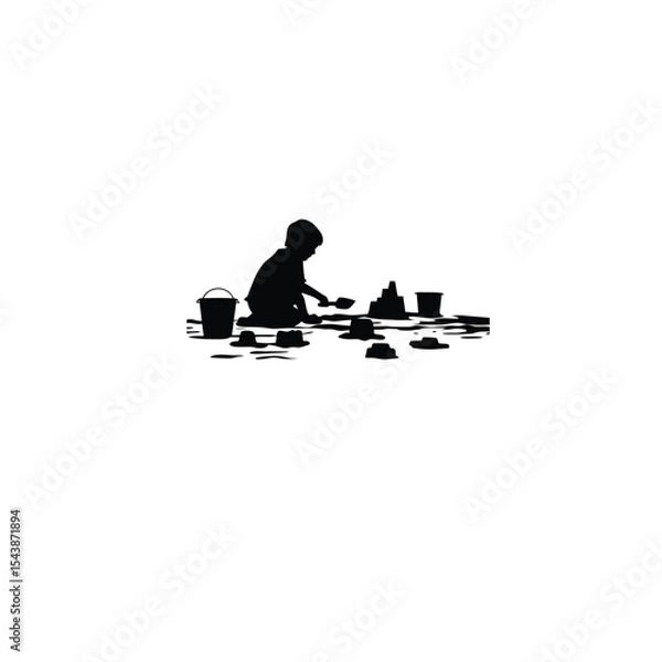 Obraz A child building sandcastles on the beach on white background