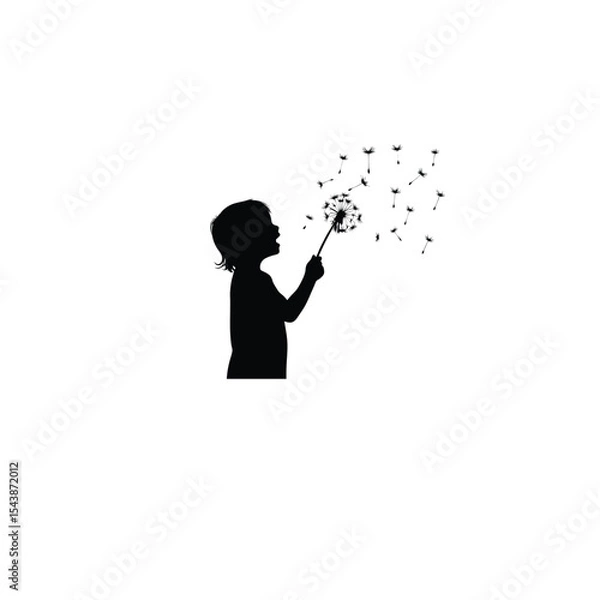 Obraz A child blowing dandelions into the air on white background