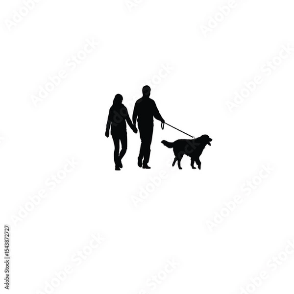 Obraz A couple walking a dog on a spring morning on white background