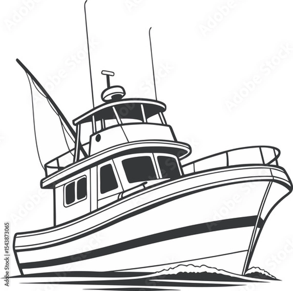 Obraz Stylized Black and White Illustration of Fishing Boat – Angled View with Rounded Hull, Cabin Windows, Two Tall Antennas, and Gentle Waves Depicting Maritime Motion