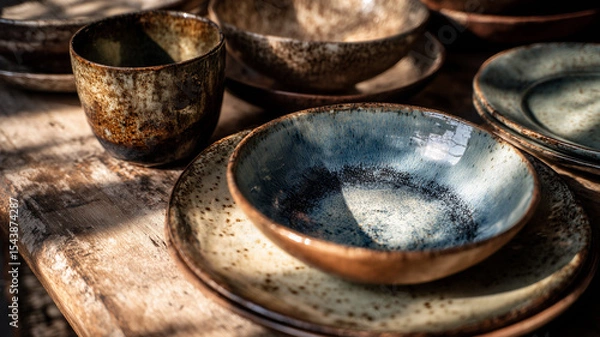 Fototapeta Rustic ceramic dishes arranged on a weathered wooden table with warm sunlight casting natural shadows