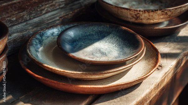 Fototapeta Rustic ceramic dishes arranged on a weathered wooden table with warm sunlight casting natural shadows
