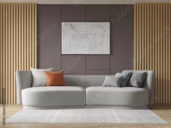 Fototapeta Mock up of a modern living room with a perfect comfortable sofa and stylish decorative background, 3D rendering.
