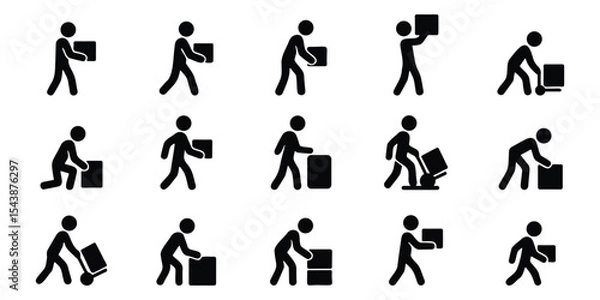Obraz Stickman silhouette icons showing delivery workers carrying and transporting boxes in various poses and actions