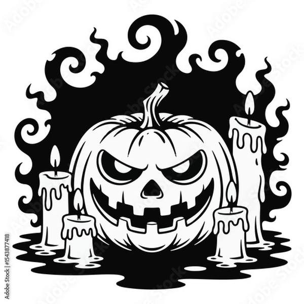 Fototapeta Spooky Jack-o'-Lantern with Melting Candles and Dark Swirls – Halloween Vector Illustration