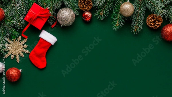 Obraz New Year green background with a tree, toys and cones