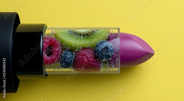 Obraz Lipstick bullet capsule filled with summer fruit – kiwi, raspberry and blueberry on bright yellow macro background.