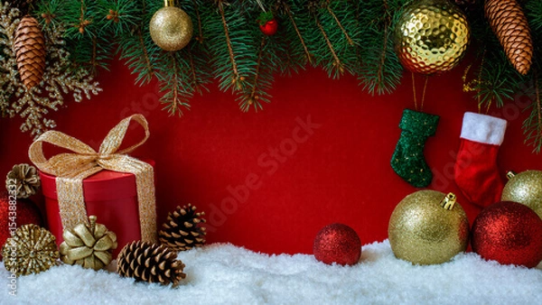Obraz New Year red background with a Christmas tree, toys and cones