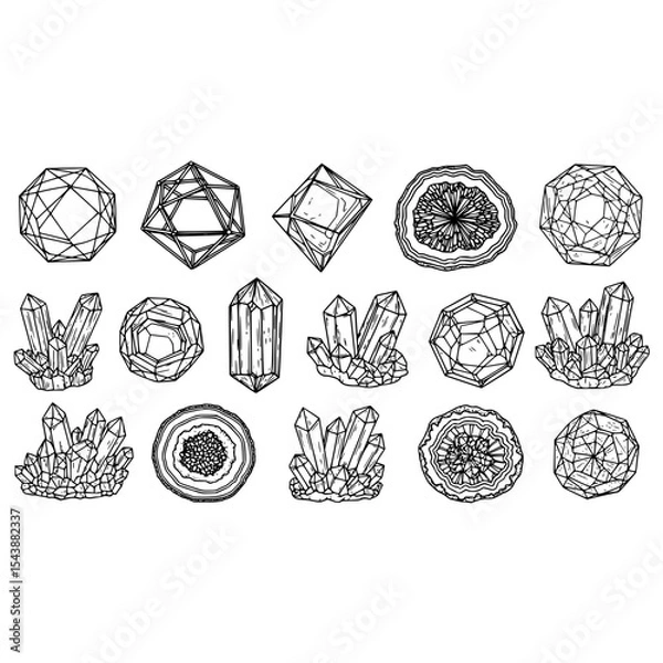 Fototapeta Crystals gems stones minerals quartz amethyst diamond drawing sketch vector illustration art design