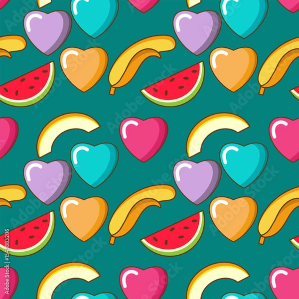 Fototapeta Seamless pattern with randomly placed multi-colored hearts, bananas, watermelon and melon slices. Vector illustration