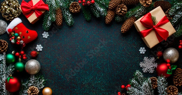 Obraz New Year blue green background with a Christmas tree, toys and cones