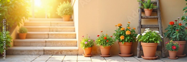 Fototapeta Wooden ladder with flower pots creating charming outdoor garden scene in the sunlight with copy space