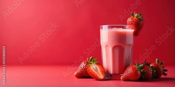 Fototapeta Fresh strawberry smoothie on modern red background, colorful drinks, purple background
