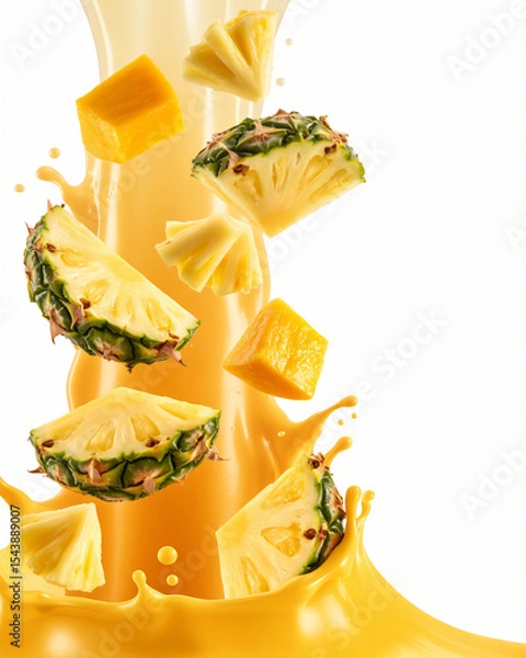 Fototapeta tropical fruit juice explosion with pineapple chunks and mango pieces suspended