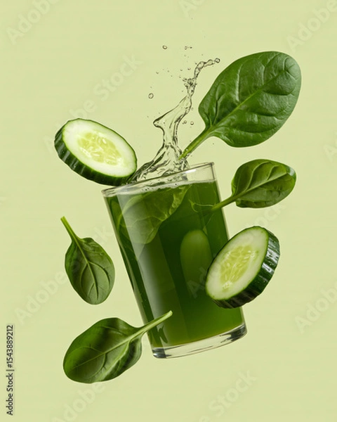Fototapeta a green detox juice with spinach leaves and cucumber slices in dynamic motion