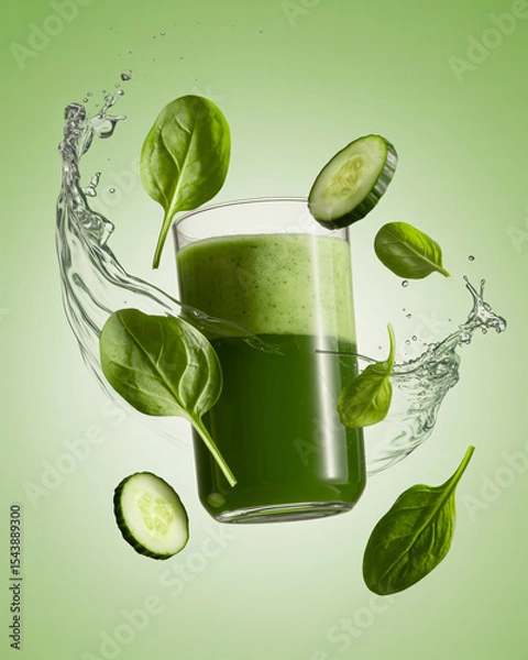 Fototapeta a green detox juice with spinach leaves and cucumber slices in dynamic motion
