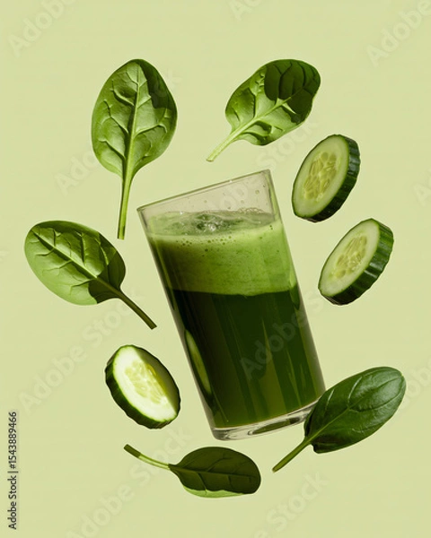Fototapeta a green detox juice with spinach leaves and cucumber slices in dynamic motion