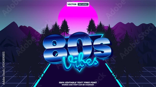 Fototapeta 80s vibes trendy, colorful retro 3d editable vector text effect with 80s and 90s retro aesthetic neon glowing background.