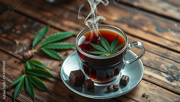 Fototapeta Steaming cup of cannabis tea with chocolate edibles on rustic wood,  rustic,  weed