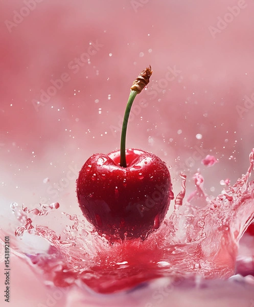 Fototapeta Juicy cherry splashing in water, Fresh Fruit Concept. High-resolution close-up of a fresh red cherry captured mid-splash in vibrant pink water. The dynamic droplets and rich color tones.