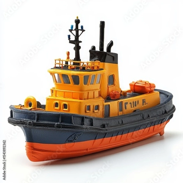 Obraz A detailed miniature model of a tugboat in orange, yellow, and black colors displayed on a white background.