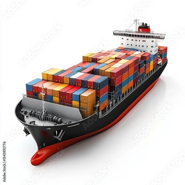 Obraz A large container ship loaded with colorful cargo containers, isolated on a white background, illustrating maritime freight transport.
