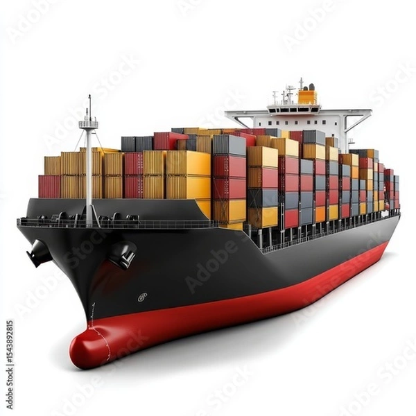 Obraz A large container ship loaded with multicolored cargo containers, ready for maritime transport, isolated on a white background.