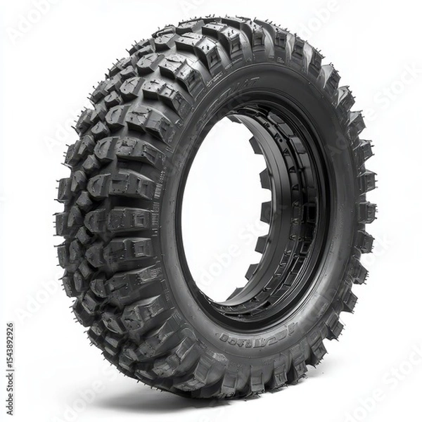 Obraz A close-up image of a rugged off-road tire with deep treads designed for enhanced traction on rough terrain, shown against a white background.