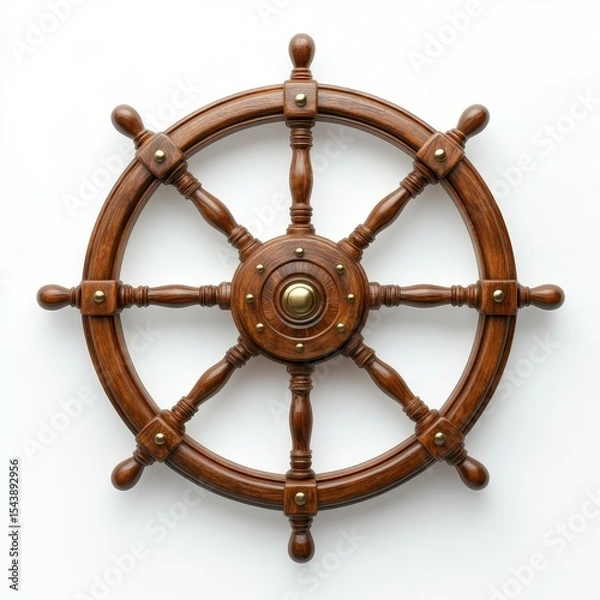 Obraz A classic wooden ship wheel with eight spokes and brass fittings, used for steering boats and ships.
