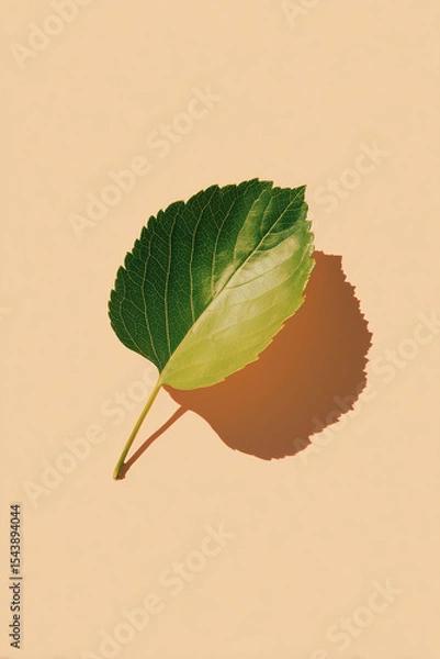 Fototapeta Single green leaf casting shadow on beige background