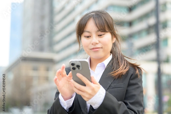 Fototapeta スマートフォンを両手で持ち楽しそうに見つめるスーツ姿の女性