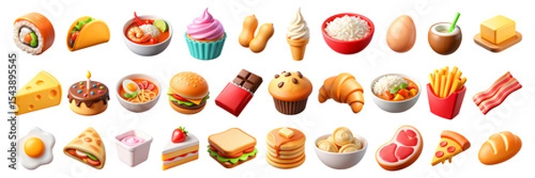 Fototapeta Large Big Set of 3D Food Icons – Glossy Minimal Emoji Style, Isolated PNG objects