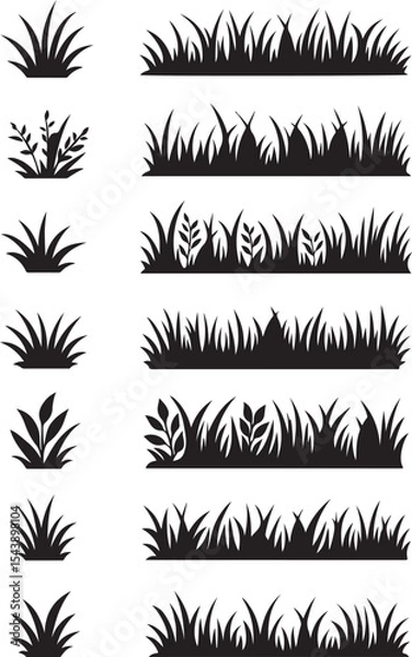 Fototapeta Vertical Collection of Black Silhouette Grass and Foliage Illustrations – Varied Heights and Styles Featuring Blades, Clusters, and Decorative Plant Designs in Black, set of vector floral elements