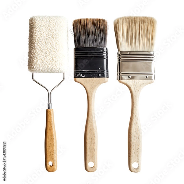 Fototapeta Three paintbrushes displayed: a roller, a flat brush, and a wide brush in a clean, bright setting. Isolated on transparent white background, png