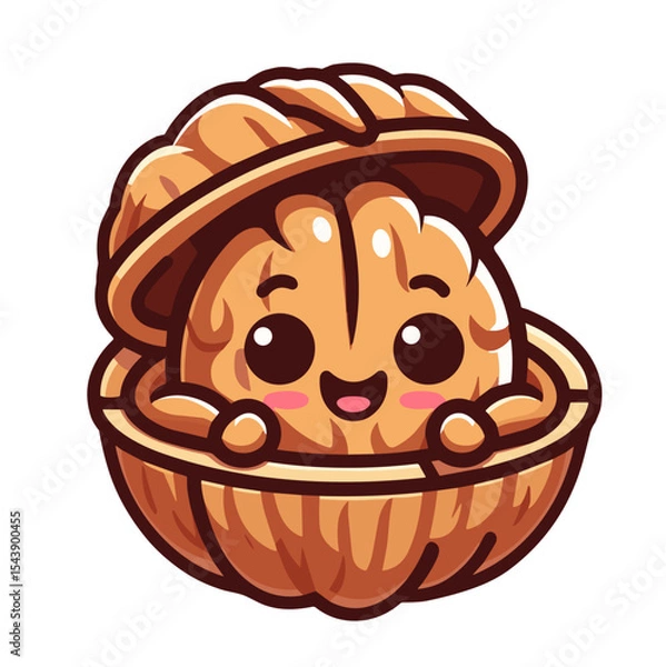 Fototapeta Vector image of a cute smiling walnut character sitting in a nut shell with playful expression on transparent background for healthy lifestyle content, wellness blogs, and social media posts