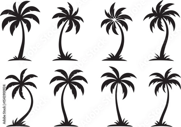 Obraz Black Palm Tree Silhouette Grid Design – 3x3 Minimalist Tropical Tree Set with Unique Shapes on White Background, palm tree silhouettes
